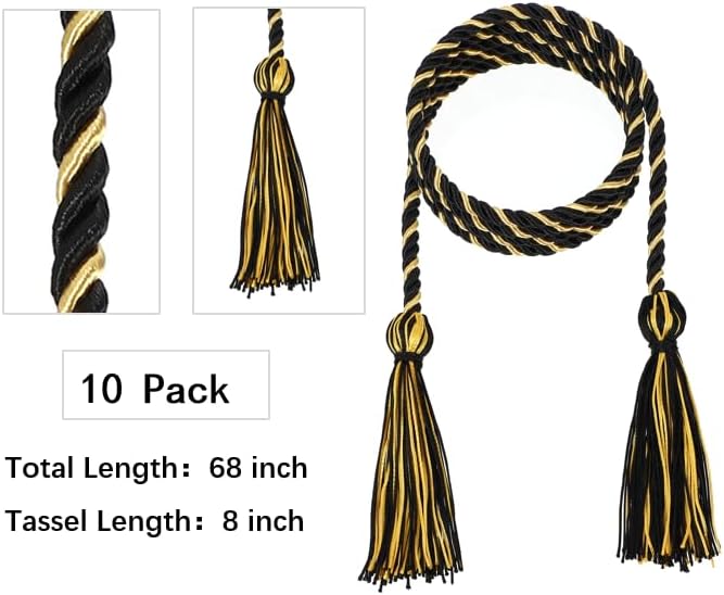 D DODOU 10 Pieces Graduation Cords Polyester Graduation Honor Braided Cords with Sewing Tassels for Bachelor, Master, Doctor 68" Long (Black Gold) - Image 3